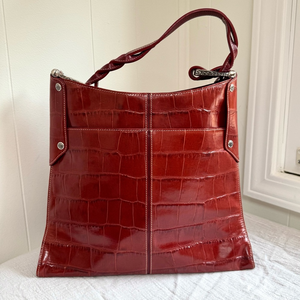 ❤️ Brighton Endora Croc Embossed Leather Shoulder Bag Red Silver Crocodile Charm